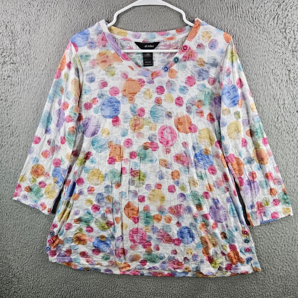 Ali Miles‎ Womens Small Multicolor Polka Dot V-Neck 3/4 Sleeve Textured Top S